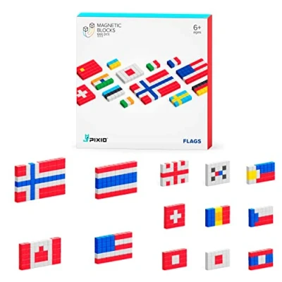 Image of PIXIO Flags Magnetic Building Blocks for Kids Over 6 Years, Pixel Art, STEM Magnet Toys Ages 8 12, Portable Creativity 162 pcs