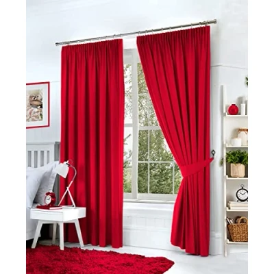 Image of Hachette Thermal Blackout Curtains Pencil Pleat Tape Top Including Pair of Tiebacks (Red, 46&quot; X 72&quot;)