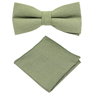 Image of Men&#039;s Luxury Pre Tied and Fully Adjustable Cotton Bow Tie &amp; Pocket Square Set (Green) suitable for formalwear, office, weddings, parties, grooms groomsmen outfits