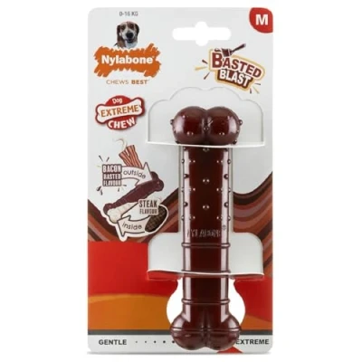 Image of Nylabone Basted Blast Extreme Chewers Tough Nylon Dog Chew Toy Bone, Durable, Boredom Breaker, Cleans Teeth, Bacon and Steak Flavour, Medium, For Dogs 0 16kg