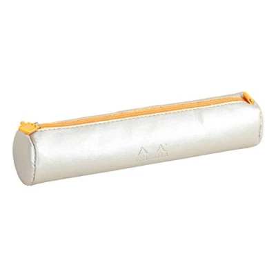 Image of RHODIA 318891C Rhodiarama Silver Round Pencil Case 21.5 x 5.5 cm Genuine Orange Stitching Ivory Jersey Interior Faux Leather Storage for Pens, Pencils, Markers, Small Supplies