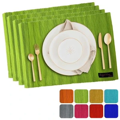 Image of Ragged Rose Set of 4 Cotton Placemats 27x37 cm Gift Wrapped Table Place Mats Ribbed Indoor &amp; Outdoor for Living Room, Dining Table, Kitchen