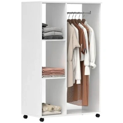 Image of HOMCOM Open Wardrobe on Wheels with Clothes Rail, Bedroom Storage Hanging Rod, 3 Shelves, Mobile Garment Rack for Cloakroom, Hallway, White