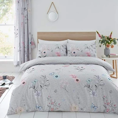 Image of GC GAVENO CAVAILIA Flower Duvet Cover Set, Poly Cotton Botanical Bedding King Size, Soft Comforter Covers, Grey