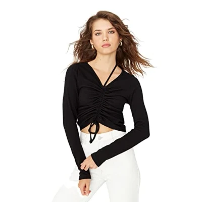 Image of Trendyol Women Fitted Basic V Neck Knit Blouse Black