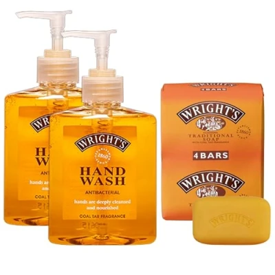 Image of Wright&#039;s Hand Wash and Soap Bundle 2 x 250ml Antibacterial + 4 Bars Traditional with Coal Tar Fragrance Cleansing &amp; Nourishing