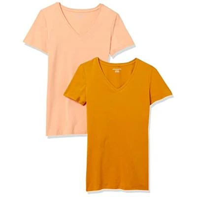 Image of Amazon Essentials Women&#039;s Classic Fit Short Sleeve V Neck T Shirt, Pack of 2, Coral Orange/Golden Yellow, L