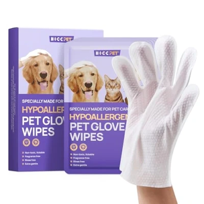 Image of Cleaning &amp; Deodorizing Pet Wipes Supplies for Dogs and Cats, Nourish Fur Coconut Oil Glove Type Puppy/Cat Grooming Traveling, Daily Care in Between Baths, 6 PCS Unscented