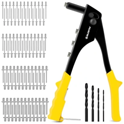 Image of BLOSTM Pop Rivet Gun Set 100 PCS Rivets in 4 Sizes (2.4mm 3.2mm 4mm 4.8mm) Riveter Gun, Nosepieces, Drill Bits Hand for Metal, Plastic, Auto Repairs, Furniture (Yellow)