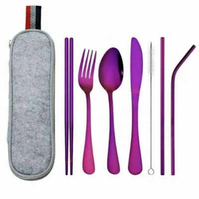 Image of 8Pcs Stainless Steel Cutlery Set Portable Spoon Fork Chopsticks Tableware Travel (Purple)