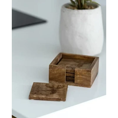 Image of Marco Paul Wooden Engraved Stag Coasters Set of 4 with Holder Kitchen Accessories Square Placemat Barware Drinks Rustic Decor Deer Home