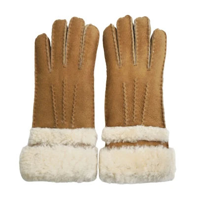 Image of Infinity Leather Womens Genuine Tan Sheepskin Suede Gloves with Roll Up/Down Cuff Size Large
