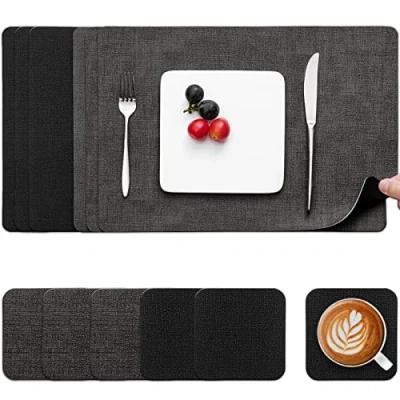 Image of Myir JUN Placemats and Coasters Set of 6, Place Mats Dual Sided Faux Leather Table PU Indoor Outdoor Heat Resistant Placemat Square Non Slip Wipeable Washable Dining Restaurant (Black Grey)