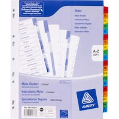Image of Avery 05196501 Mylar A4+ Extra Wide Pre Printed Dividers, Multicoloured Tabs A Z, 20 Part