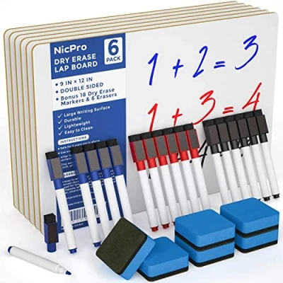 Image of Nicpro 6 Pack Dry Erase Mini Whiteboard A4, 22 x 30 cm Double Sided Lapboard Bulk with 18 Water Based Pens Erasers Learning Small White Board Portable Drawing Writing for Kid Student and Classroom Use