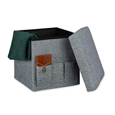 Image of Relaxdays Folding Ottoman Pouffe Sturdy Seat with 3 Side Pockets Foldable Footstool Stool Storage Box, Fabric, Grey, 38 x cm