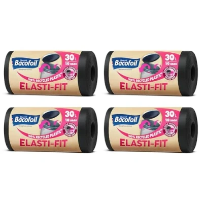 Image of Bacofoil Elasti Fit bin Liners 30L Recycled bags, 4 Rolls (48 Bags) Leak Proof, Elastic Fastening for Secure Made from 100% Plastic Eco Friendly Waste Disposal.