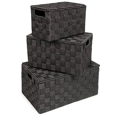 Image of EHC Storage Boxes With Lid Set of 3, baskets for shelves Woven, Organiser Hamper Baskets, Black