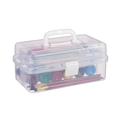 Image of Relaxdays Storage Box with 9 Compartments, Sorting for Craft &amp; Art Supplies, Sewing Kit, 14.5 x 33 19 cm, Clear/White, 100% plastic