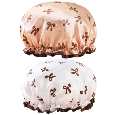 Image of Bath Caps Elastic Band Waterproof Shower With Ruffled Edge Covering Ears Keeping Hair Dry Kitchen Oil proof Cap for Girls and Women (Bow)