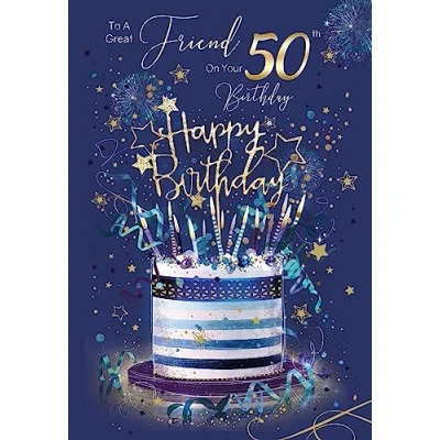 Image of Cherry Orchard Friend 50th Happy Birthday Card with Cake Design Gold Foil Detailing and Envelope from Grayson Range