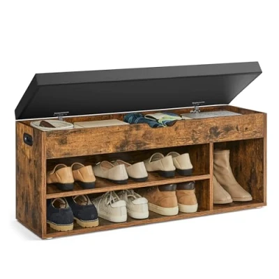Image of VASAGLE Shoe Bench with Cushion, Storage Padded Seat, 3 Compartments, Hidden Storage, Shelves, Living Room Lounge Hallway Bedroom, Load Capacity 150 kg, Rustic Brown LHS130B01