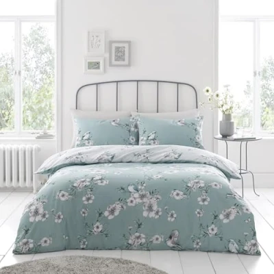 Image of GC GAVENO CAVAILIA Birdie Blossom Duvet Cover Sets Sparrow Kingsize Quilt Bed Set With Matching Pillowcases Reversible Polycotton Floral Bedding Duck Egg