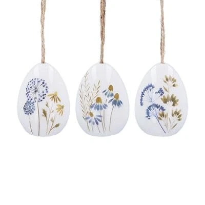 Image of Gisela Graham Blue Meadow Ceramic Egg Easter Decorations set of three