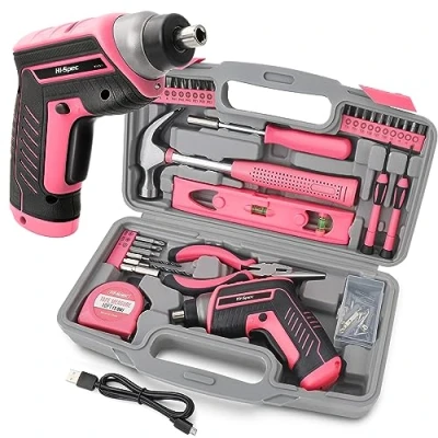 Image of Hi Spec 35PC Pink Tool Kit Set with Electric Screwdriver 3.6V USB &amp; Bit Small Box, Hand Tools for Women Starter Basic Ladies Home Office Repair Maintenance