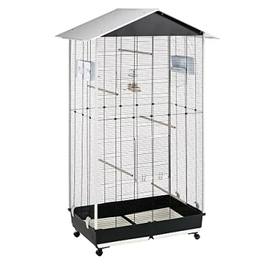 Image of Ferplast Bird Cage Aviary NOTA MEDIUM Outdoor Indoor for Birds, Canaries, Budgies, Finches, Loverbirds, Metal, Sheet Metal Roof, Accessories Included Feeders Perches Wheels, 95 x 64 h 165.5 cm.