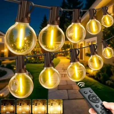 Image of Festoon Lights Outdoor, Dimmable LED Garden String Mains Powered with Remote, Timer 30M/98FT 43+2 G40 Bulb Shatterproof Waterproof Outside for Gazebo Pergola Party Balcony Wedding Patio