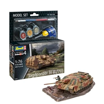 Image of Revell Model Set 63359 Jagdpanzer IV (L/70) 1:76 Scale Unbuilt/Unpainted Plastic Kit with Contacta Professional Glue, Paintbrush &amp; Selected Aqua Color Paints
