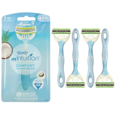 Image of Wilkinson Sword MyIntuition Comfort Coconut Delight Xtreme 3 Disposable Razor Flexible Blades for Women Comfortable Hair Removal with Lubricant Strip Pack x4