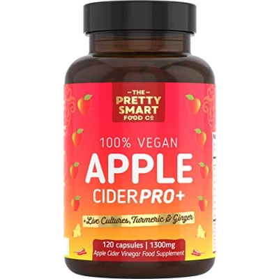 Image of The Pretty Smart Food Co Apple Cider Vinegar Capsules Boosted with Vegan Live Cultures, Turmeric &amp; Ginger Raw Unfiltered ACV Complex 1300MG Dosage 120 Made UK