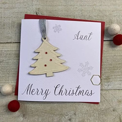 Image of Aunt Christmas Tree Glittered Wooden Bauble (XB1 A) Handmade by White Cotton Cards