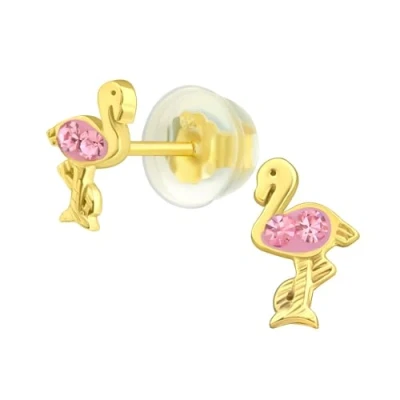 Image of The Rose &amp; Silver Company Women Girls 925 Sterling Gold Plated Flamingo Crystals Stud Earrings