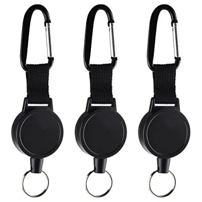 Image of Kuuqa 3 Pieces Heavy Duty Retractable Keychains Badges Reel Clip with 65cm/ 25 Inches Steel Wire Rope, Black
