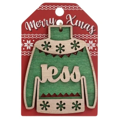 Image of Jess Name Christmas Jumper Wooden Tree Decoration Personalised Bauble Xmas Green