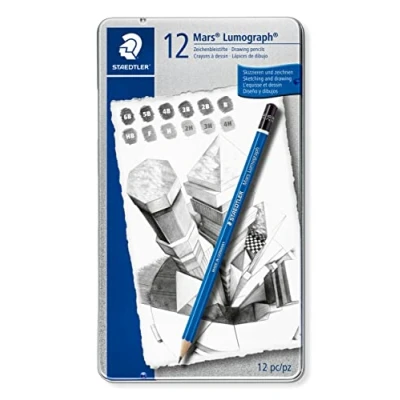 Image of STAEDTLER 100 G12 Mars Lumograph Graphite Pencils For Drawing &amp; Sketching Assorted Degrees, 6B 4H (Tin Of 12 Pencils)