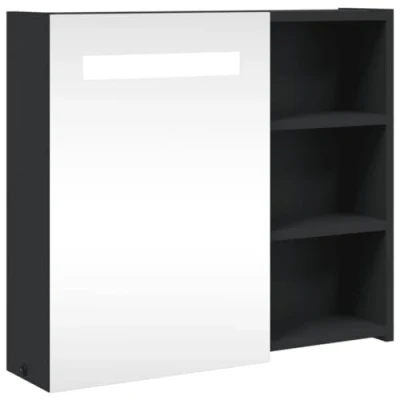 Image of vidaXL Bathroom Mirror Cabinet with LED Light and Storage Shelves, Wall Mounted Design, Engineered Wood Material, Melamine Finish, Black