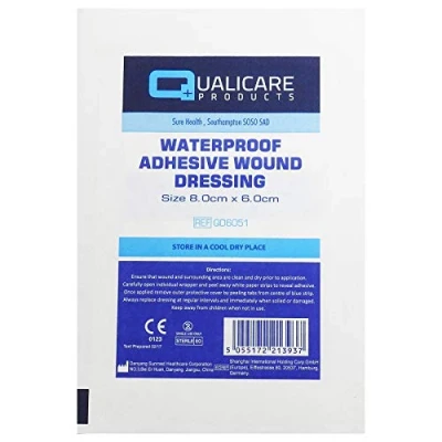Image of Full Box 100, 8cm x 6cm Qualicare Adhesive Clear First Aid Waterproof Dressings