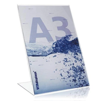 Image of Vitadisplays® Advertising Stand L Stand/L in Portrait Format, Table Made of Original Plexiglas® Single Pack DIN A3 Transparent