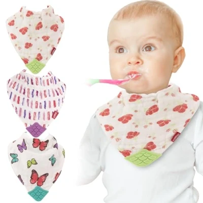 Image of Nuby Reversible 100% Natural Cotton Muslin 3 Piece Teething Bib, Pink, Aqua, Purple, Flower, Butterfly, Stripes, Girl, Count