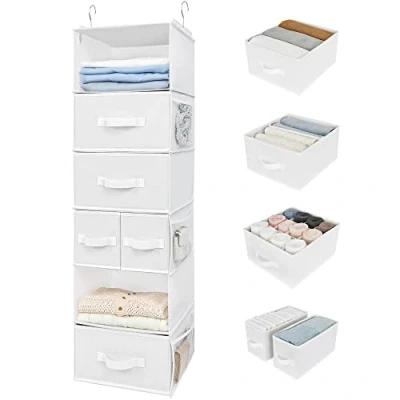 Image of GRANNY SAYS 6 Shelf Hanging Clothes Organiser for Wardrobe, Pack of 1 Wardrobe Shelves with Drawers, Side Pockets Organiser, White Fabric Jumper Socks