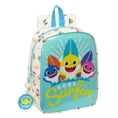 Image of BABY SHARK SURFING Nursery Backpack, Adaptable to Cart, with Pocket, Easy Cleaning, Ideal for Children of Different Ages, Comfortable and Versatile, 22 x 10 27 cm, Blue White, blue/white,