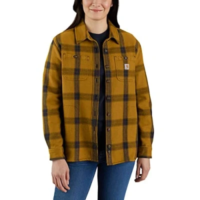 Image of Carhartt Women&#039;s Loose Fit Heavyweight Twill Long Sleeve Plaid Shirt Work Utility Button Down Shirt, Brown,