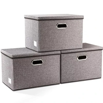 Image of PRANDOM Large Collapsible Storage Bins with Lids [3 Pack] Linen Fabric Foldable Boxes Organizer Containers Baskets Cube Cover for Home Bedroom Closet Office Nursery (17.7x11.8x11.8)