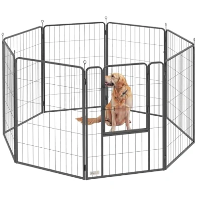 Image of PawHut Dog Playpen, 8 Panels Heavy Duty Pen Indoor Outdoor, 100cm High Foldable Puppy Pet Exercise Fence with Door, for Large Dogs, Black