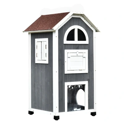 Image of PawHut Wooden Cat House, Weatherproof Pet Shelter, Outdoor Condos Cave, 2 Floor Furniture, Grey and White