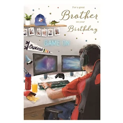 Image of ICG Great Brother Birthday Card Computer Gamer with Headphones and Snacks Foil Finish